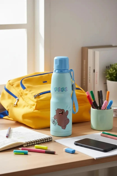 Miniso We Bare Bears Lisanslı Tutma İpli Termos (600ml) - Boz Ayı