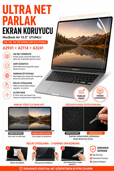 Mcstorey Macbook Air 15.3inç M2-m3-m4 Ekran Koruyucu Parlak Anti Scratch A294...