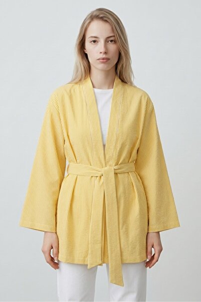 Saade Kadın Dikey Çizgili Geniş Kollu Şık Yazlık Relaxed Kimono