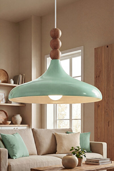 Nova Bohemian Wooden 3 Beaded Mint Green Metal Pendant (35 cm) Dining Table Top Chandelier