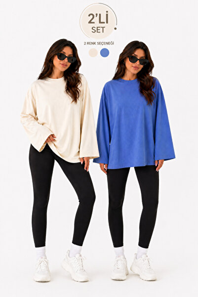 ELİSSE Kadın 2’li Set Oversize Basic Uzun Kollu Tişört Krem İndigo Salaş Raha...