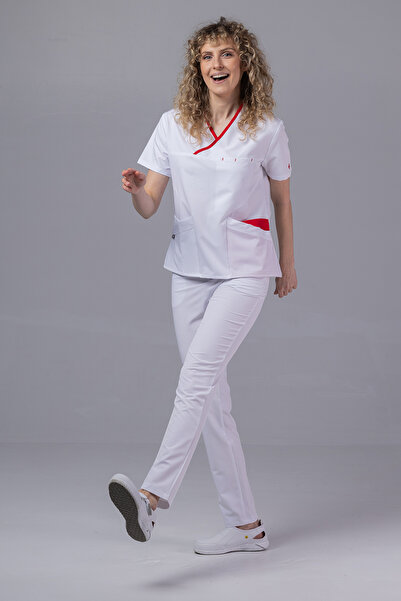 tag Costum medical ONYX Premium pentru femei, alb cu bordură roșie