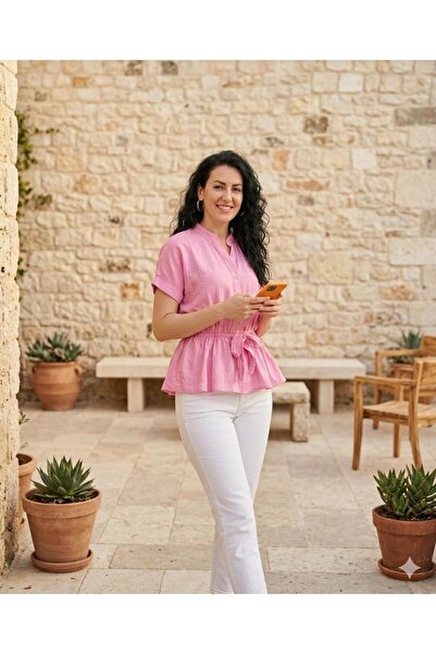 Serra Bebe Plus Kadın Düğme Detaylı Pembe Gömlek