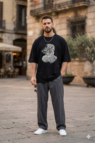 Justime Design Lion Linear Front Print Oversize Cotton Crew Neck Unisex T-Shirt