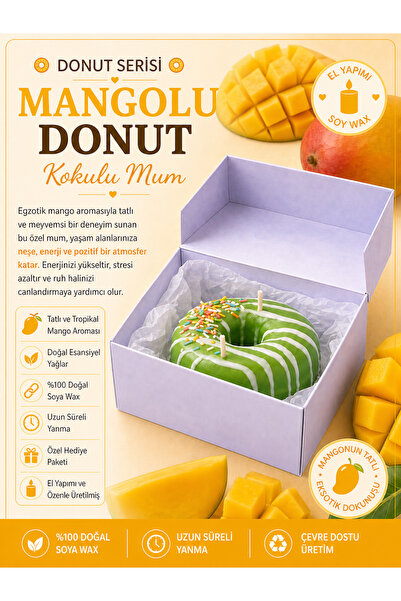 Mango Kokulu Donut Mum – El Yapımı Dekoratif Tatlı Tasarım, Kutulu Hediyelik Özel Mum