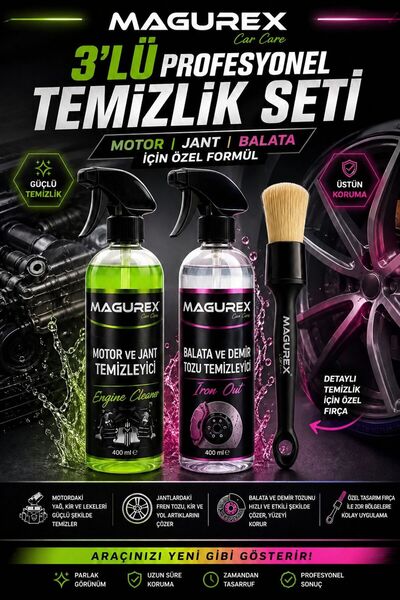 MAGUREX Balata Demir Tozu Jant Temizleyici Seti + Motor Temizleyici + Detay F...