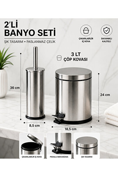 Yufira Life Lüks 2'li Metal Banyo Seti - 3 Litre Pedallı Banyo Kovası + Kloze...