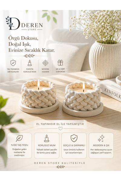 DEREN Örgü Mumluk Tepsili 2’li set Kokulu mumlar Boyalı ve vernikli