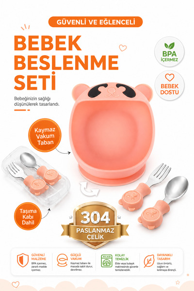 jojobebek Pembe Premium Çocuk Vakumlu Silikon Beslenme Mama Kase, Paslanmaz Ç...