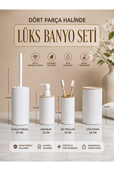 düzenya 4 parça lüx şık dayanıklı beyaz ve krem banyo seti