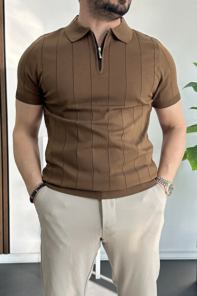 Edwox Men's Slim Fit Zippered Polo Collar T-Shirt Light Brown Edw452
