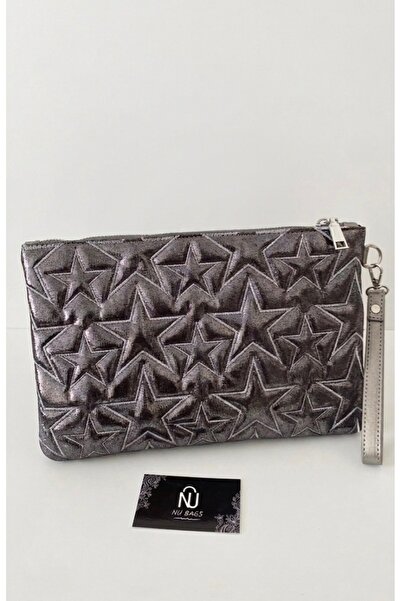 Nubags Star Patterned Silver Portfolio & Clutch Bag with Removable Wrist Stra...