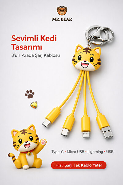 MR.BEAR Tüm Iphone ve Android Cihazlarla Uyumlu 3’ü 1 Arada Kedi Figürlü Çokl...