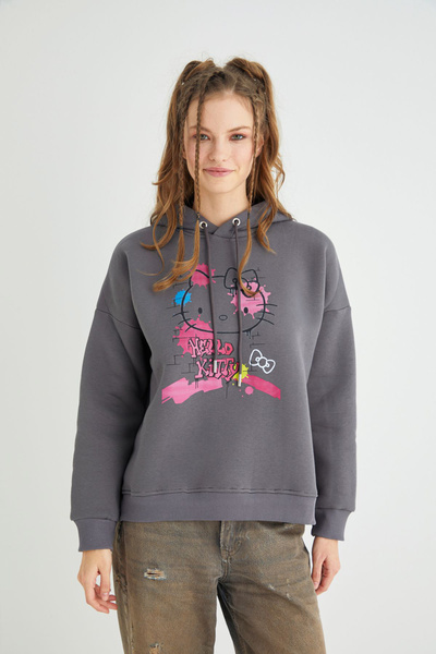 Hello Kitty Lisanslı Baskılı Kapüşonlu Sweatshirt