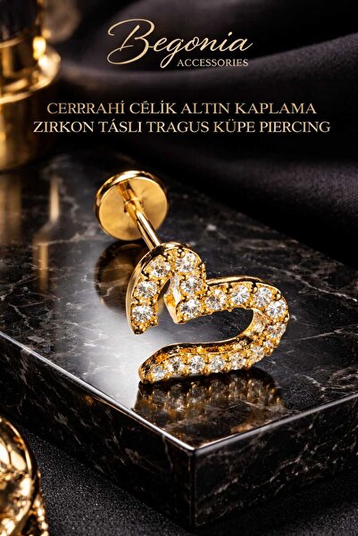 Begonia Accessories 316l Cerrahi Çelik Zirkon Taşlı Kalp Kıkırdak Tragus Gold...