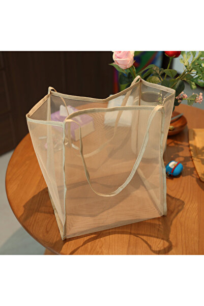 Choice Khaki Mesh Beach Bag, Cosmetic Pouch Large Beach Tote with Zipper Pock...