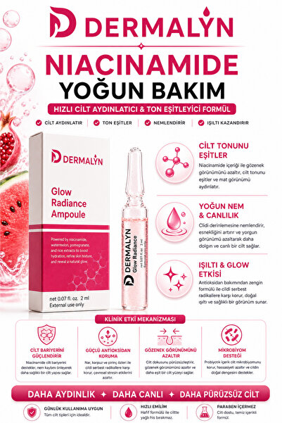 DERMALYN 1 Adet Niacinamide İçeren Hızlı Cilt Aydınlatıcı Glow Etkili Nemlendirici Ampul Serum Dermaroller