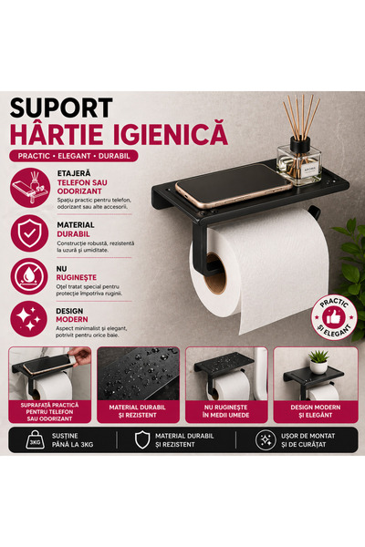 SMARTECH Suport hârtie igienică cu raft pentru telefon sau accesorii, alumini...