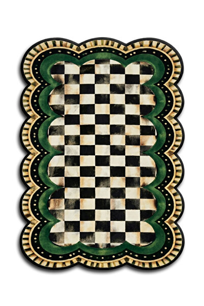 Rugs Modern Halı SDT Siyah Beyaz Ekose Desenli Yeşil Bordürlü Dokuma Taban De...
