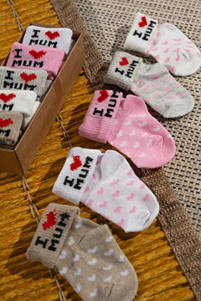 Rocha Baby 5'li I Love Mum Yazılı Kalp Desenli Kutulu Kız Bebek Çorap Seti Pa...