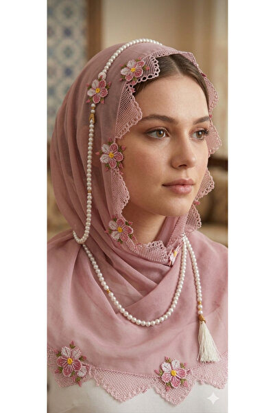 NUMİSTORE İğne oyası pudra renk Tesbihli Namaz Örtüsü