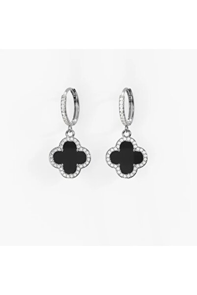 Haziran Accessory, Black Clover Stone Gold and Silver Combination Steel Earrings