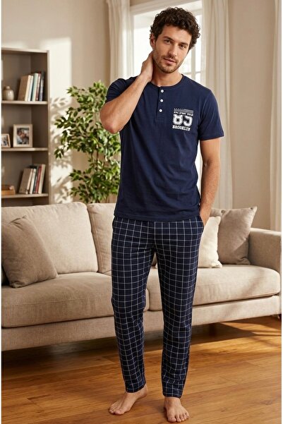 Uzunlar Tekstil Erkek Kısa Kol Alt uzun Ekoseli %100 Pamuk Pijama Takımı