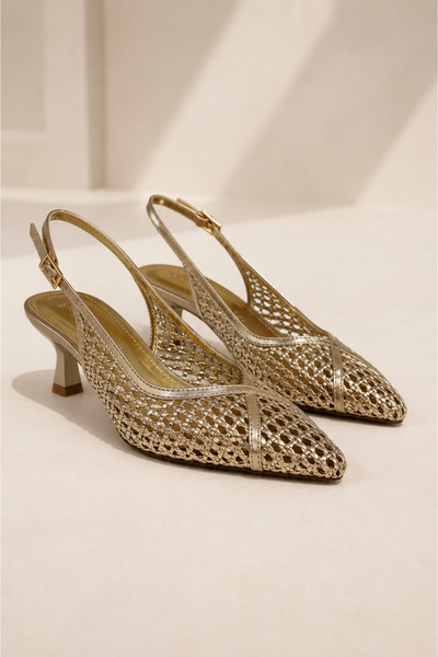 Best Cover ALIX Kadın Altın Hasır Dokulu Sivri Burun Kadeh Topuklu Slingback ...