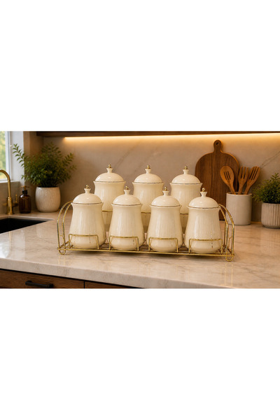 Defne Kitchen Porselen 7 Parça Standlı Baharat Seti