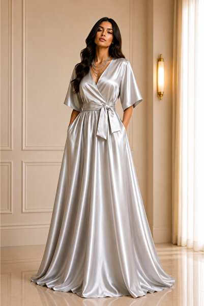 UNTIMELY Double-Breasted Maxi Satin Stylish Dress with Closure & Belt