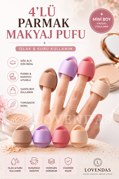 Lovendas 4 ADET Parmak Makyaj Süngeri - Islak ve Kuru Kullanım - Mini Puf Sünger