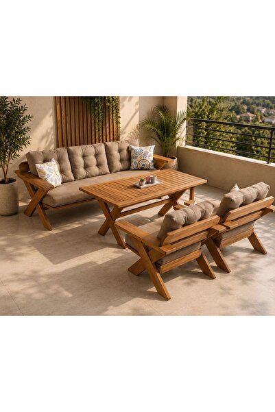 larissa design balkon bahçe takımı kayın(gürgen) ağacı 3-1-1-masa