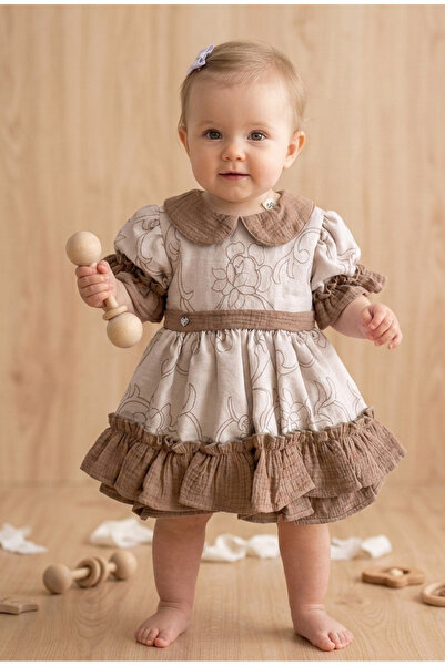 MOES Eid Retro Ruffled Baby Collar Short Muslin Baby Dress -Beige