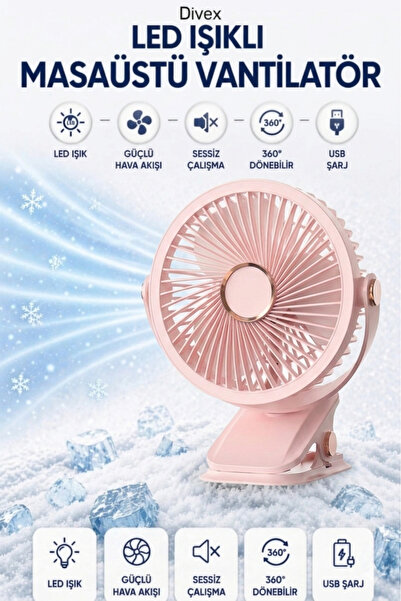 Divex Masaüstü Şarjlı 360° Dönebilen Klipsli Fan Vantilatör - Pembe