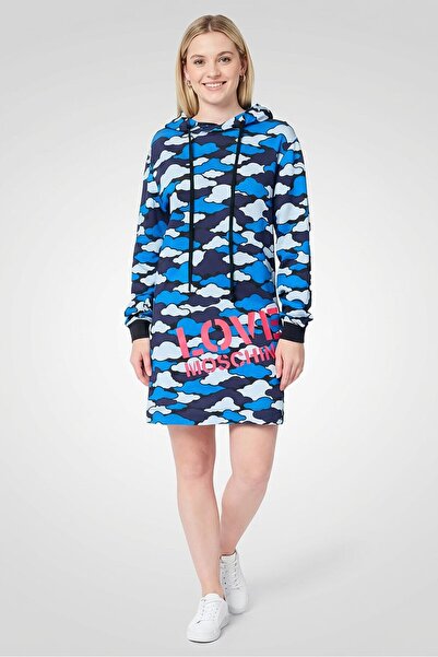 Love Moschino فستان نسائي بغطاء رأس مطبوع برسومات، متعدد الألوان