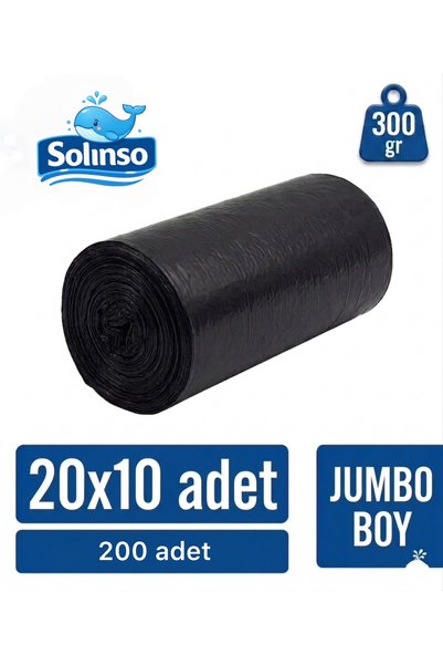 SOLINSO Kalın Çöp Torbası 10’lu 300gr x 20 Rulo Siyah Çöp Poşeti 80x110 Cm Jumbo Endüstriyel Çöp Torbası