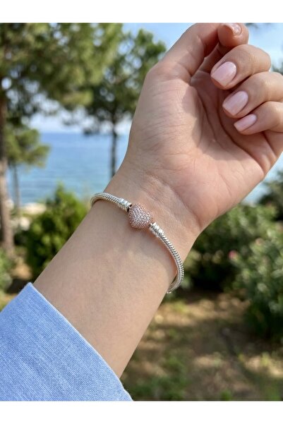 My Story Kadın Pave Taşlı Rose Kalp Gümüş Charm Bileklik