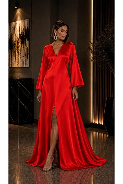 SERAVENZA COUTURE Maxi Length Long Sleeve Stylish Satin Dress with Front Slit...