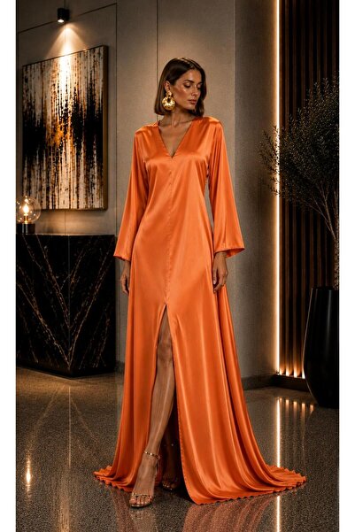 SERAVENZA COUTURE Maxi Length Long Sleeve Stylish Satin Dress with Front Slit...