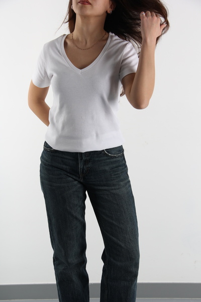 Leirose 100% Cotton V-Neck Women's Basic T-Shirt - White