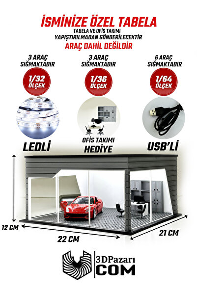 Butik 1/36 Ölçekli Gri Renk Ledli Showroom Tasarımlı Diorama Araç Sergileme G...