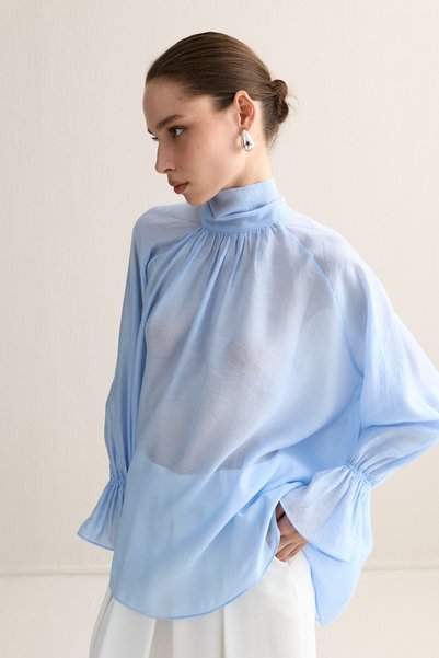 Zeyyen Geniş Fularlı Tencel Bluz Bebe Mavisi