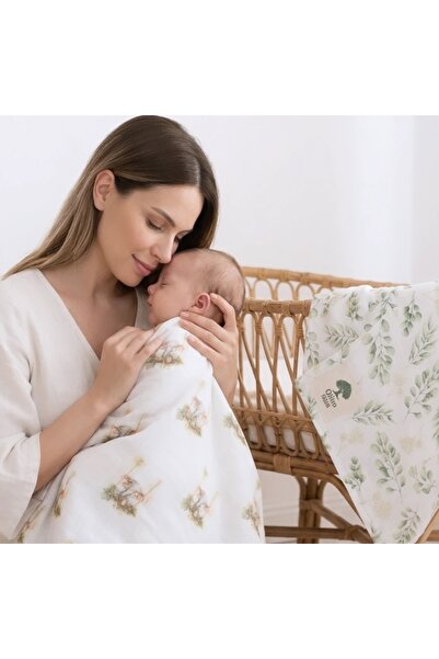 Olivo Mini غطاء منقوش للأطفال حديثي الولادة من قماش الموسلين مكون من طبقتين