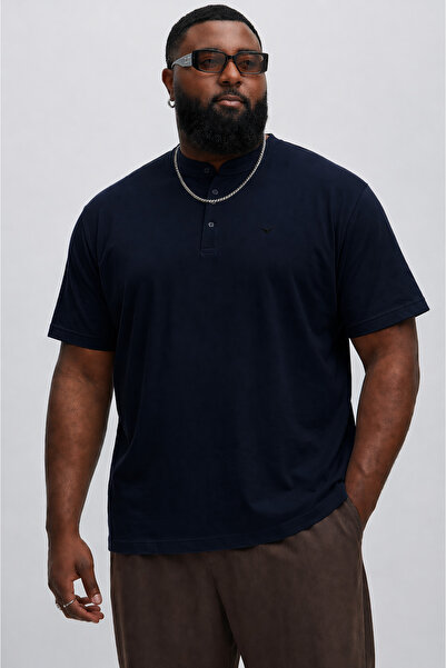 Maccali Men's Large Size Cotton Judge Collar Navy Blue Summer T-Shirt