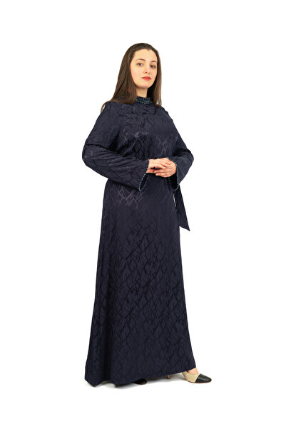derin store Gümüş ışıltılı manşet, yaka detaylı jakarlı elbise
