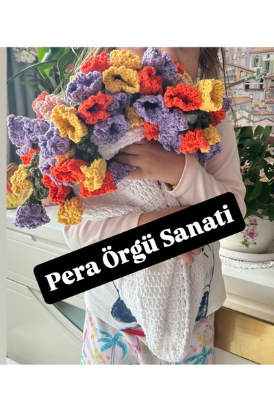 PERA ÖRGÜ SANATI El Örgüsü Buket Şal Battaniye 100 Cm Çiçekli Battaniye