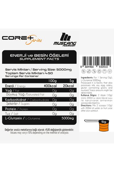 Mustang Nutrition Core+ Pure L-Glutamine Powder 250 Gr Glutamine 50 Servings + Shaker + Protein Coffee Gift
