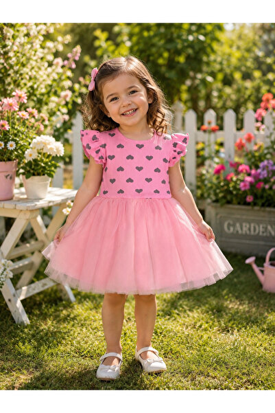 Mika Bebek & Çocuk Kalp Desenli Tüllü Kız Çocuk Pembe Yazlık Elbise