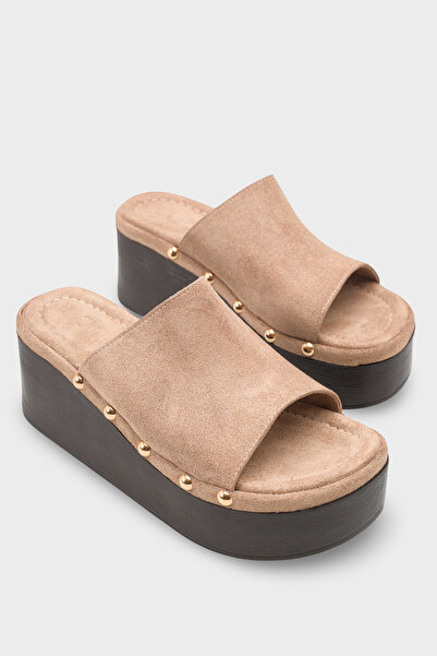 Capone Outfitters Rina Suede Stone Detailed Wedge Heel Daily Women's Slippers