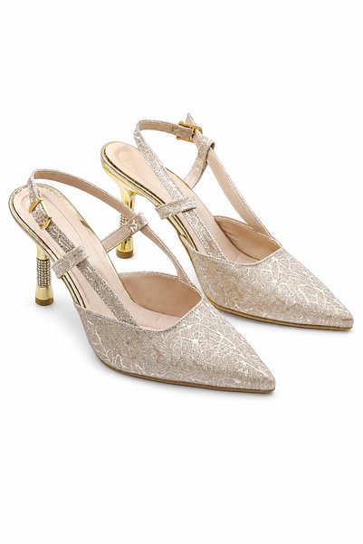 CARLA BELLA Women's Heeled Evening Dress Shoes Satin Patterned Stylish Fabric Detail Gold Women's Shoes